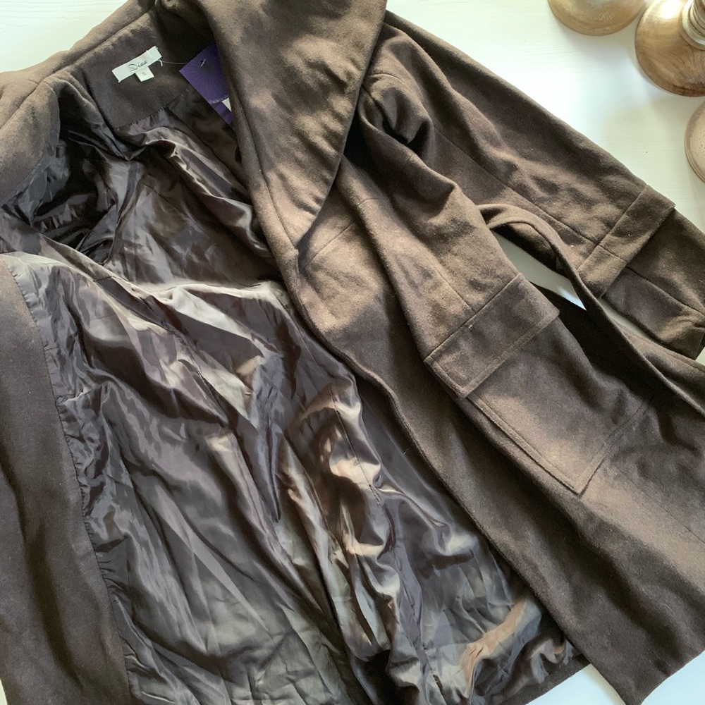 NWT Dark Brown Faux Wool Wrap-Tie Coat - Picture 13 of 13